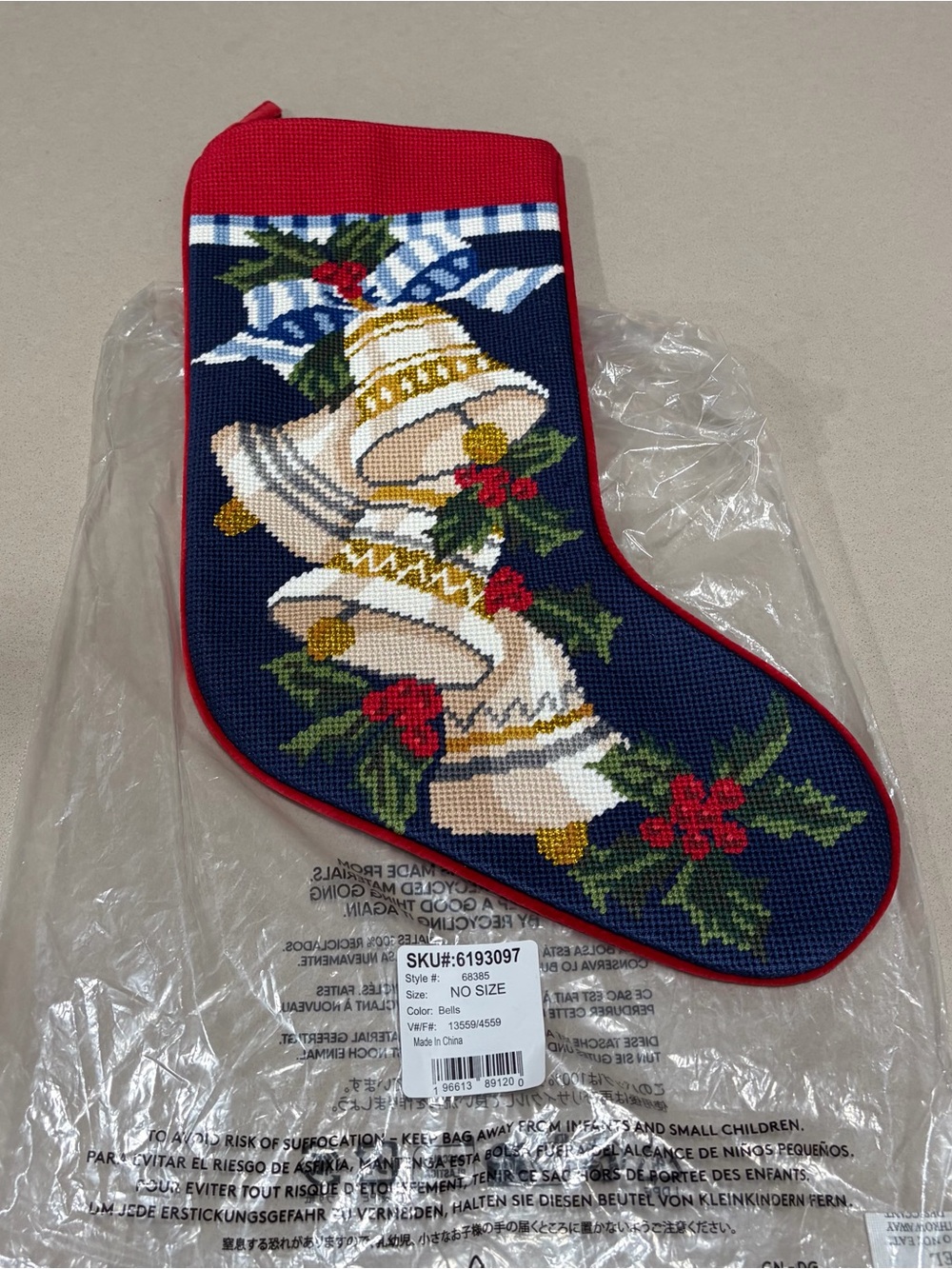 Lands' End Needlepoint Bells and Holly Christmas Stocking 17.5” Long NEW